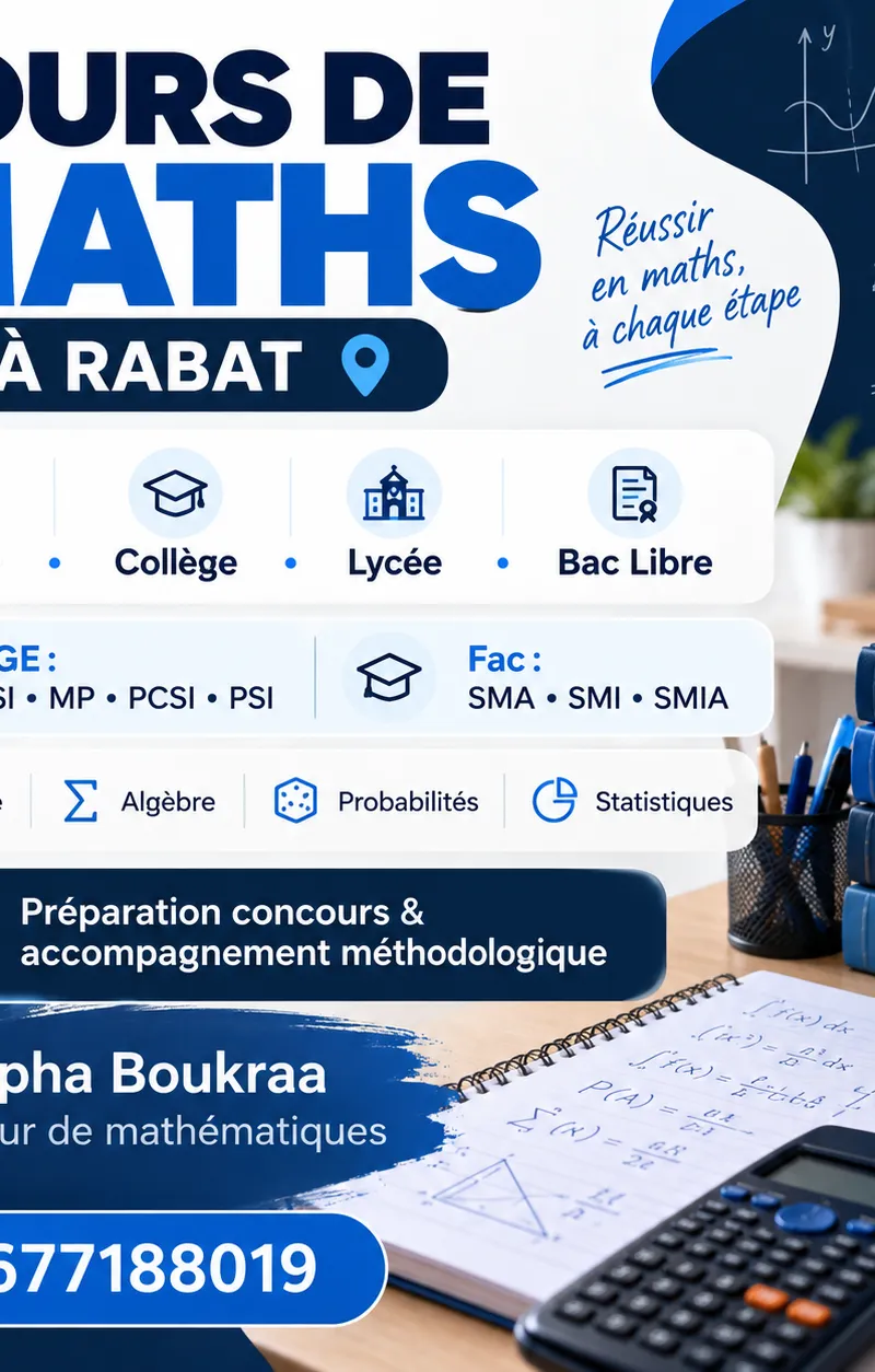 Cours de maths à domicile à Rabat – Primaire, Collège, Lycée, Bac Libre, CPGE et Fac