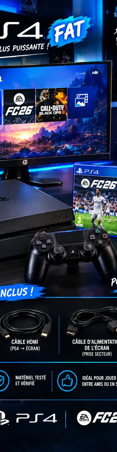 PlayStation 4 avec écran hp 60hz z24avec 1 manette 2 jeux un écran est tout les capable avec 