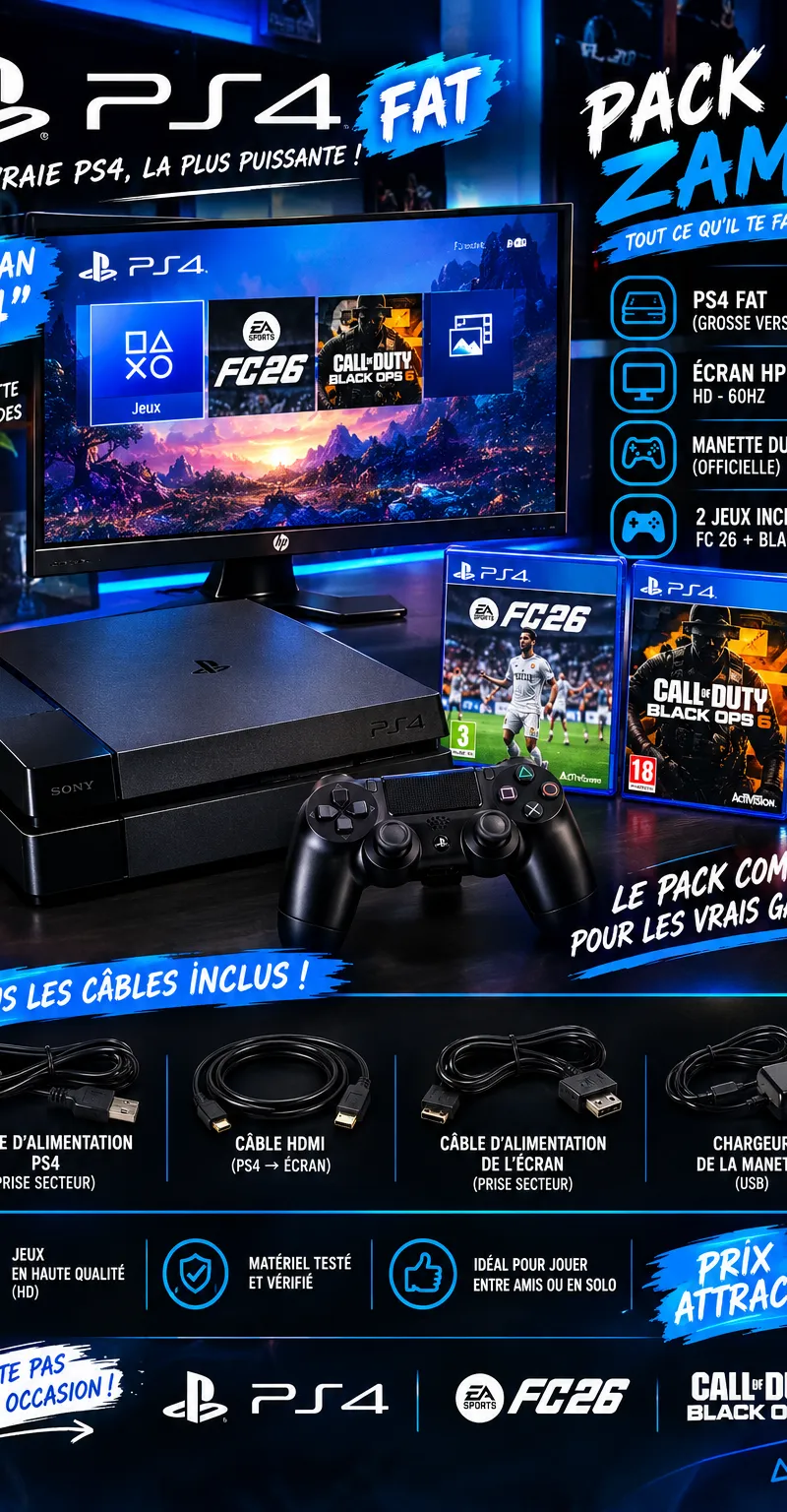 PlayStation 4 avec écran hp 60hz z24avec 1 manette 2 jeux un écran est tout les capable avec 