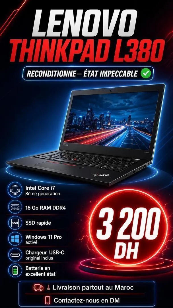Lenovo ThinkPad L380 i7 – 16 Go RAM – 3 200 DH 🔥