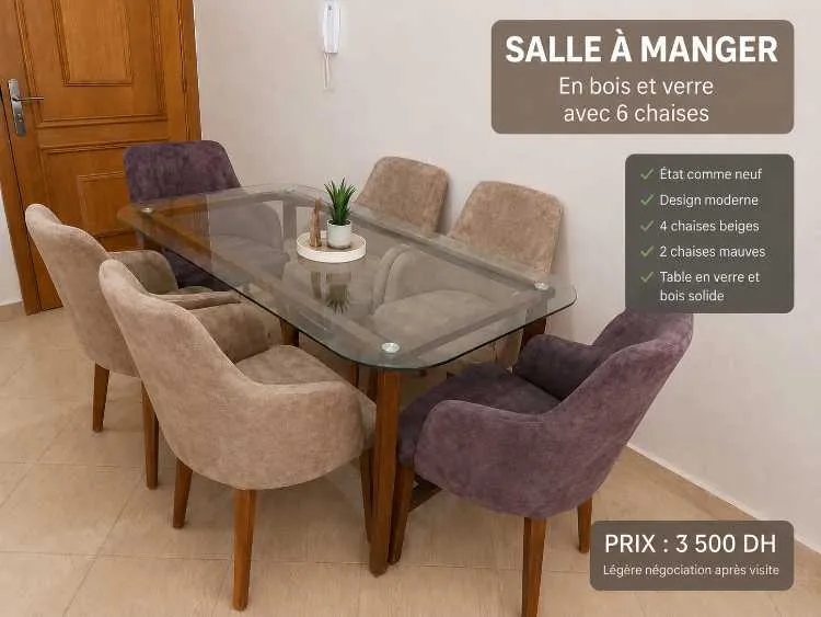 Salle à manger en bois et verre avec 6 Chaises