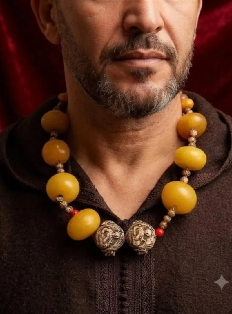 Ancien collier d'ambre naturel orné de morceaux d'ivoire