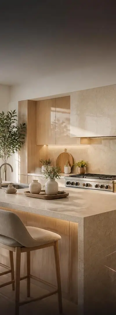 Îlot de cuisine beige sur mesure à Tanger