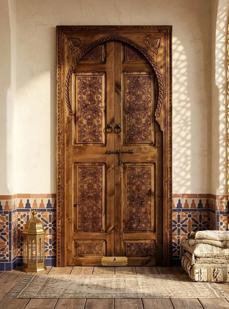 Porte Bois Massif Sculptée Style Riad Sur Mesure