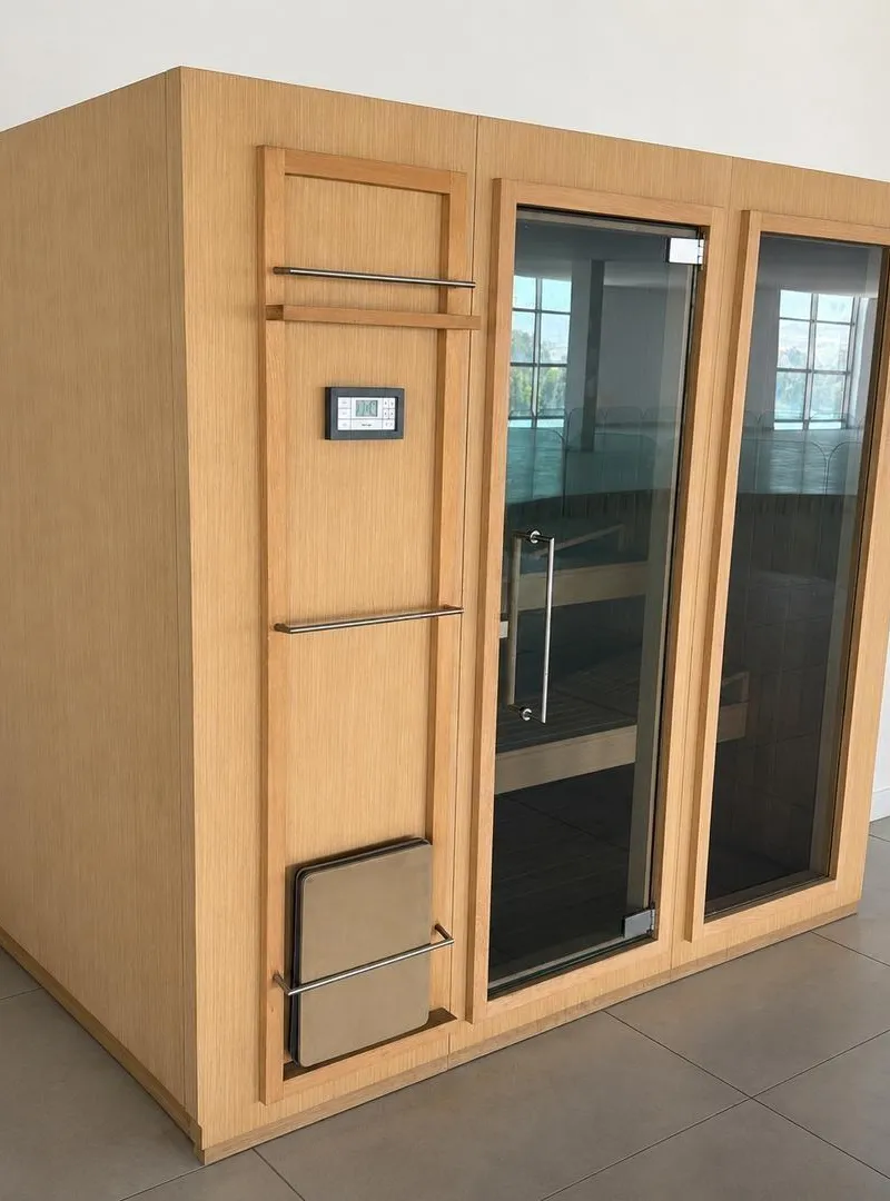 Cabine sauna en bois avec porte vitrée