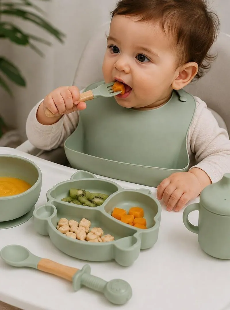 Ensemble d'ustensiles d'alimentation pour bébé en silicone 8 pièces