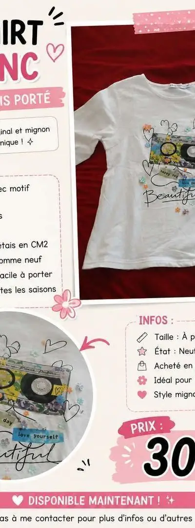 Vêtements t-shirt blanc manches longues âge 12 ans