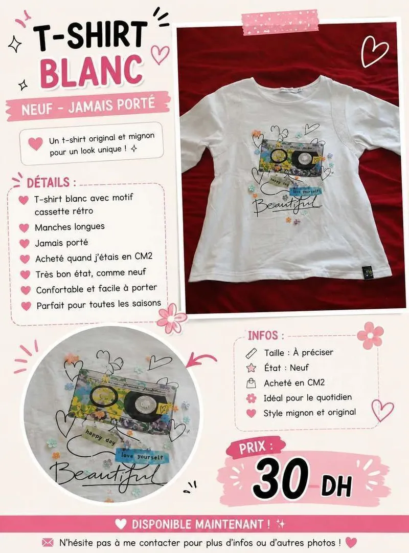Vêtements t-shirt blanc manches longues âge 12 ans
