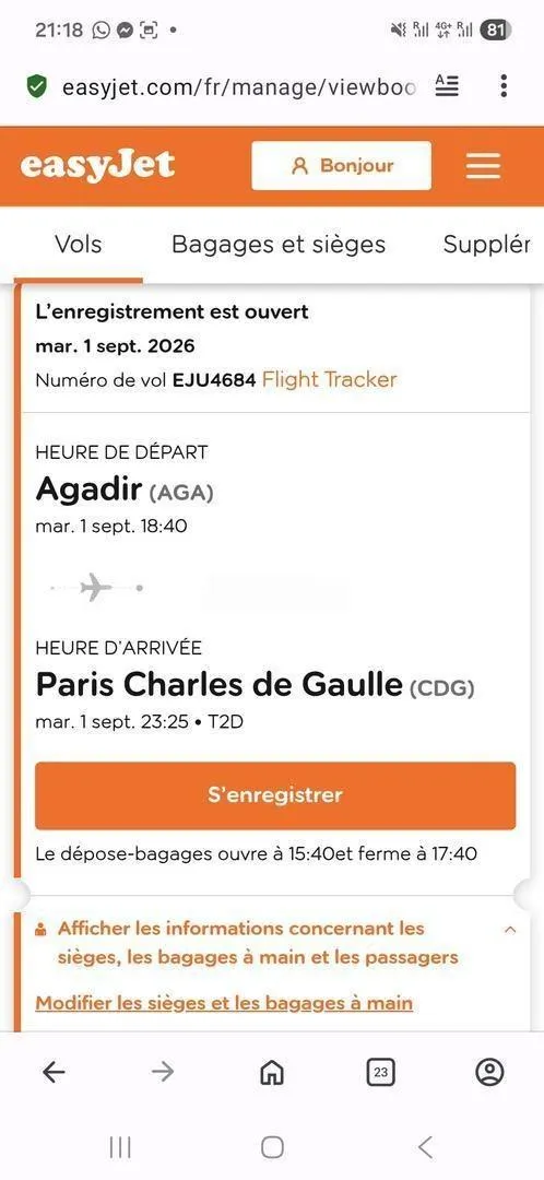 2 billets d'avion Agadir à Paris 01/09/2026
