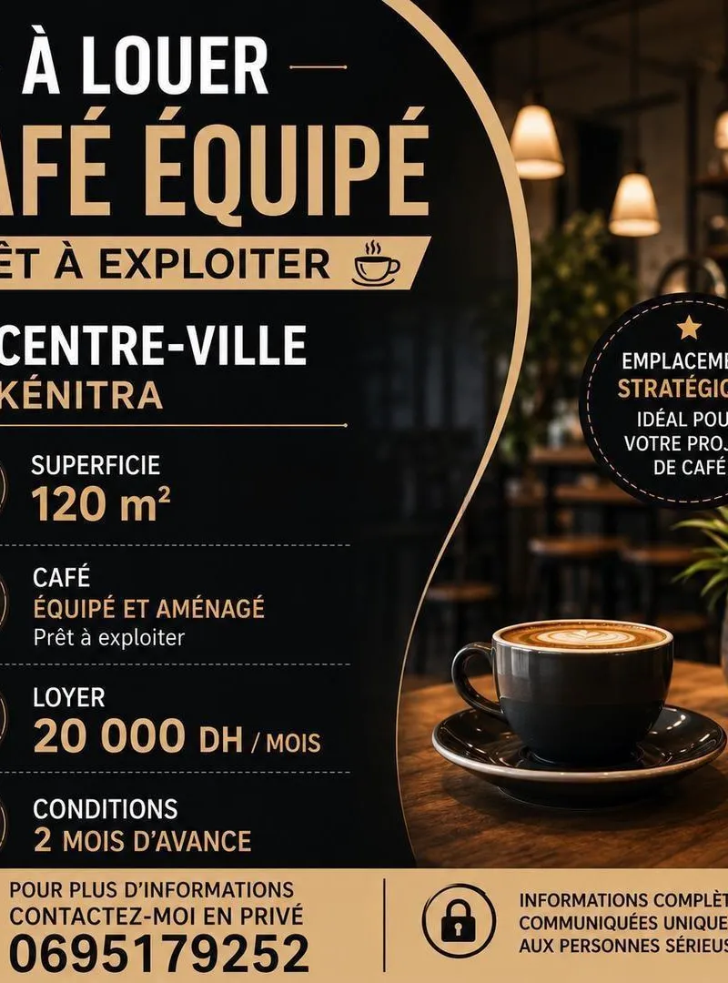 Café équipé à louer – Centre ville de Kénitra