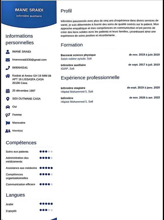 Demande d'emploi comme infirmière auxiliaire