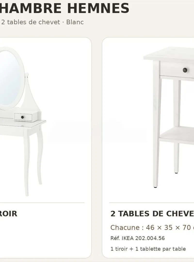 Meubles IKEA (coiffeuse et 2 tables de chevet)
