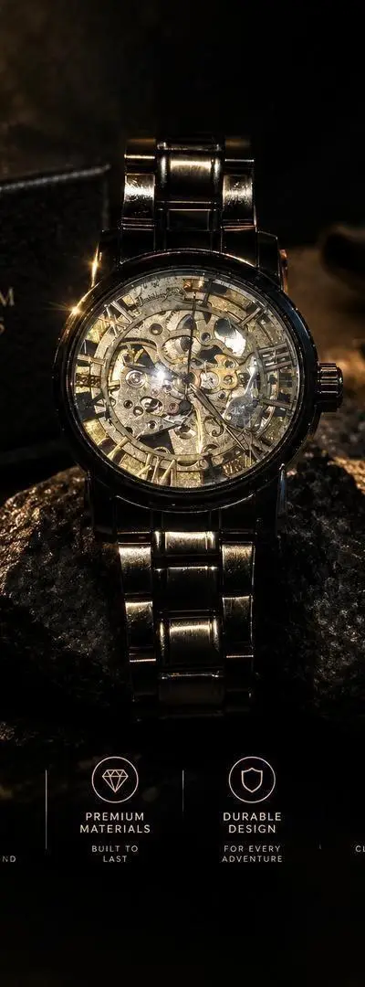 Montre design squelette mécanique dorée avec bracelet en métal