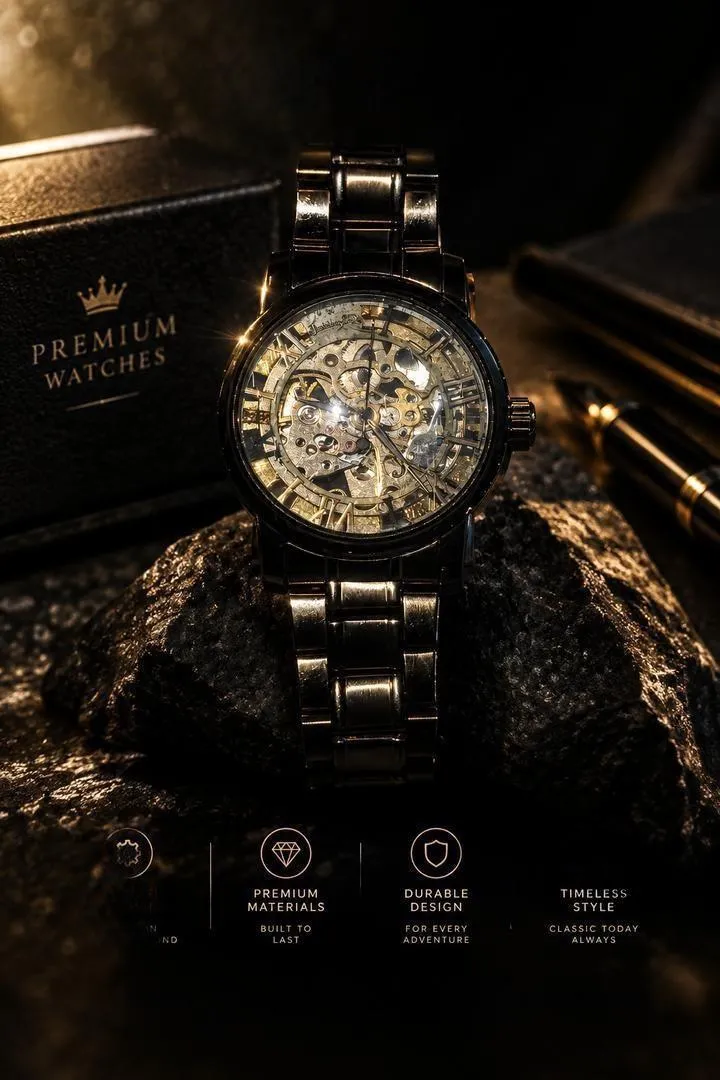 Montre design squelette mécanique dorée avec bracelet en métal