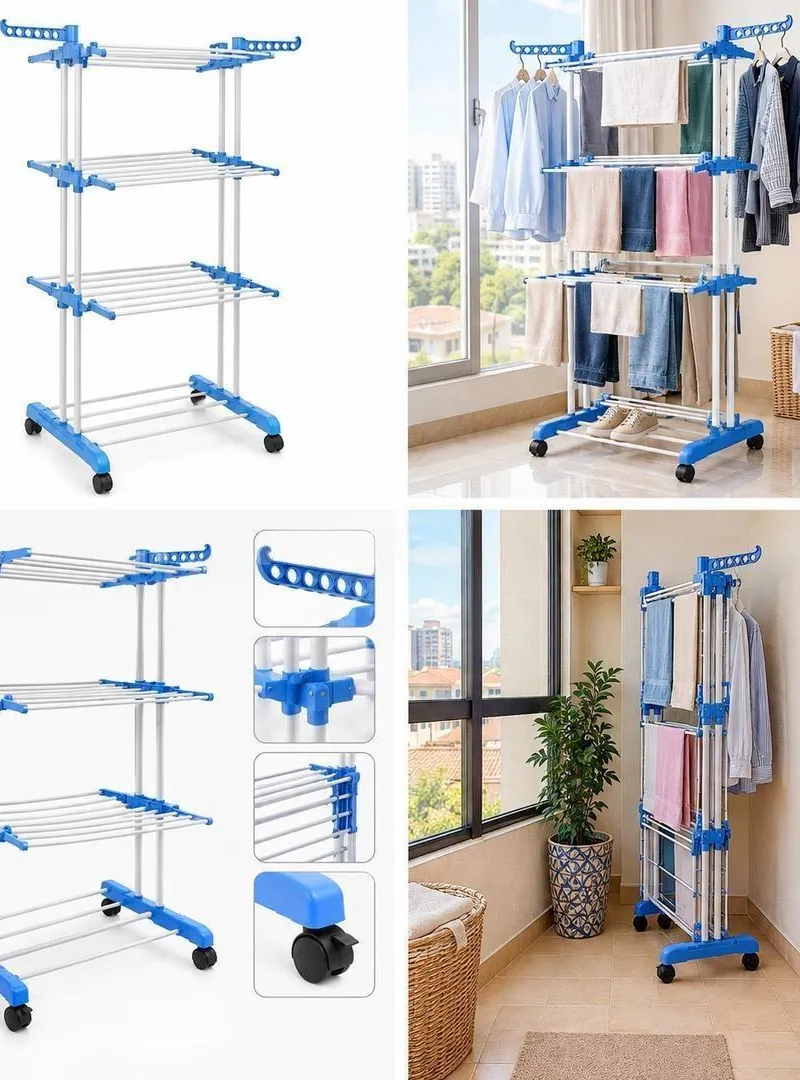 Étendage à linge pratique à 4 niveaux, pliable, avec roues et gain de place