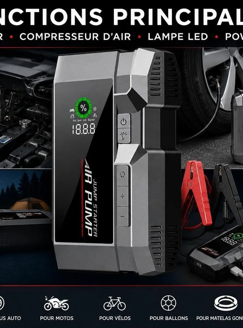 Jump Starter 4 en 1 Compresseur d'Air 12V