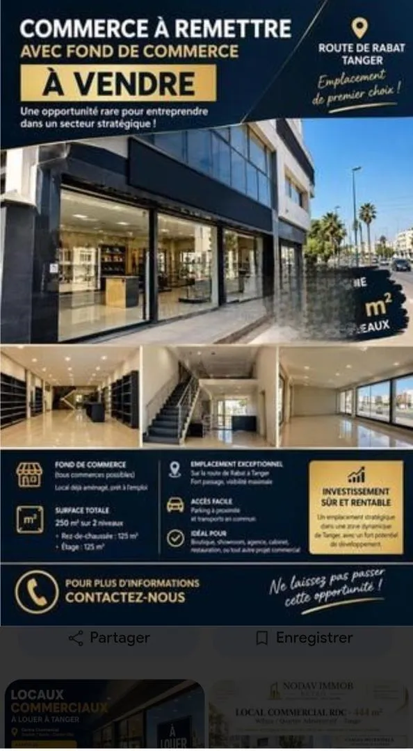 Local 310 m2 titre commercial, angle Andalous