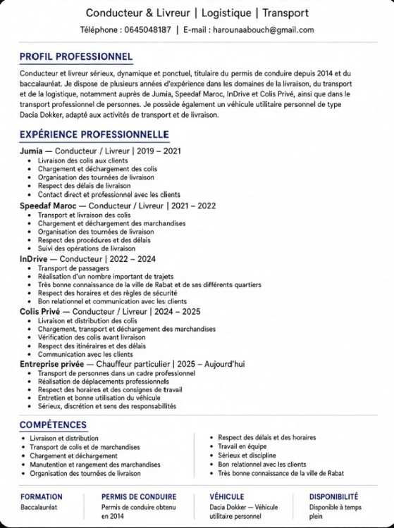 Chauffeur Livreur – Expérience en Transport et Log