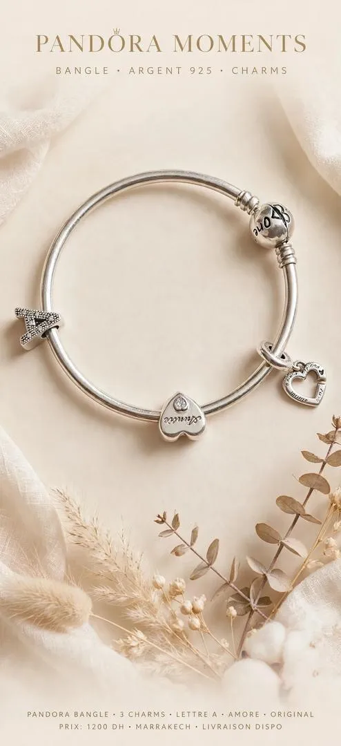 Pandora Moments Bangle Argent 925 Original + 3 Charms - Lettre A & Coeurs
