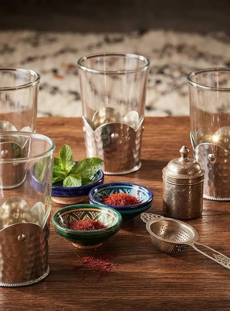 6 Verres à thé dans leur support en argent martelé