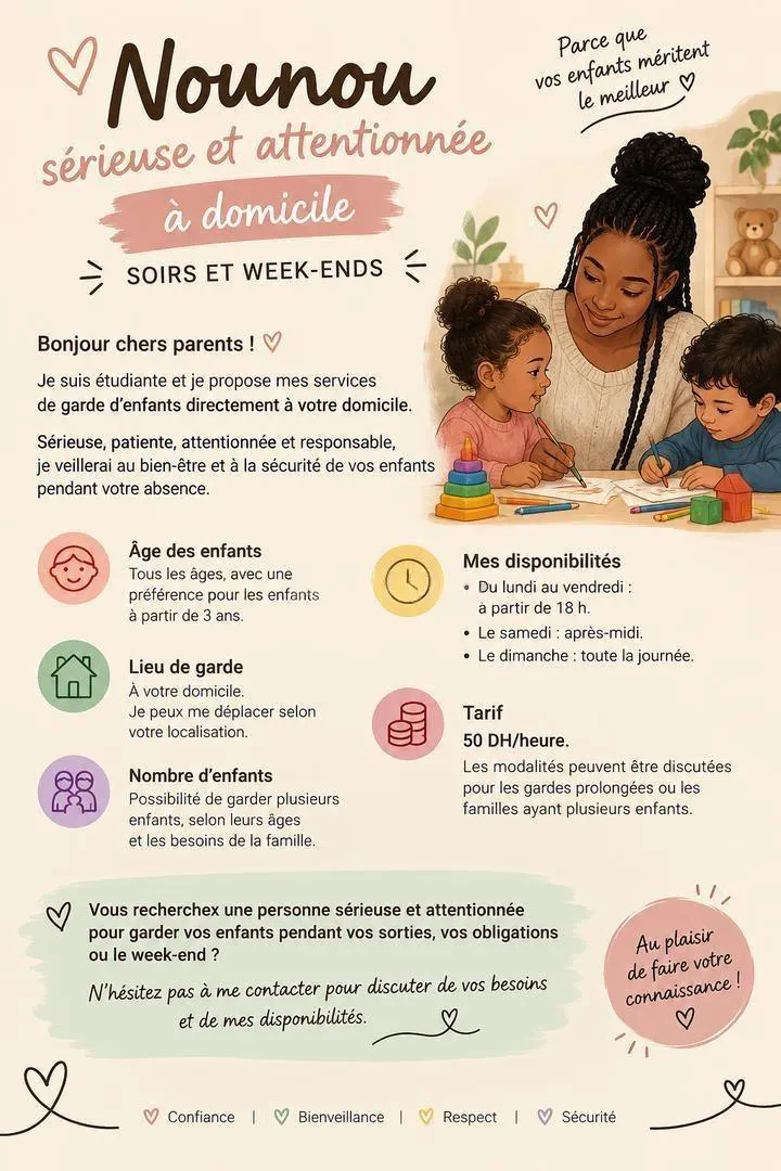 Nounou sérieuse à domicile – Soirs et week-ends