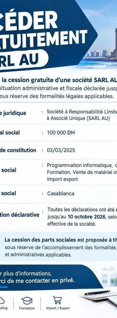 À CÉDER GRATUITEMENT – SARL AU