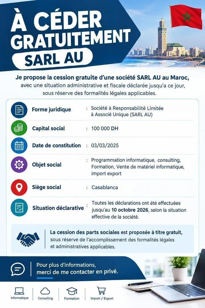 À CÉDER GRATUITEMENT – SARL AU