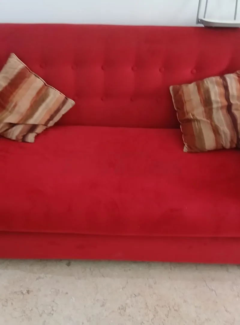Fauteuil en bon état avec 2 tapis et une table