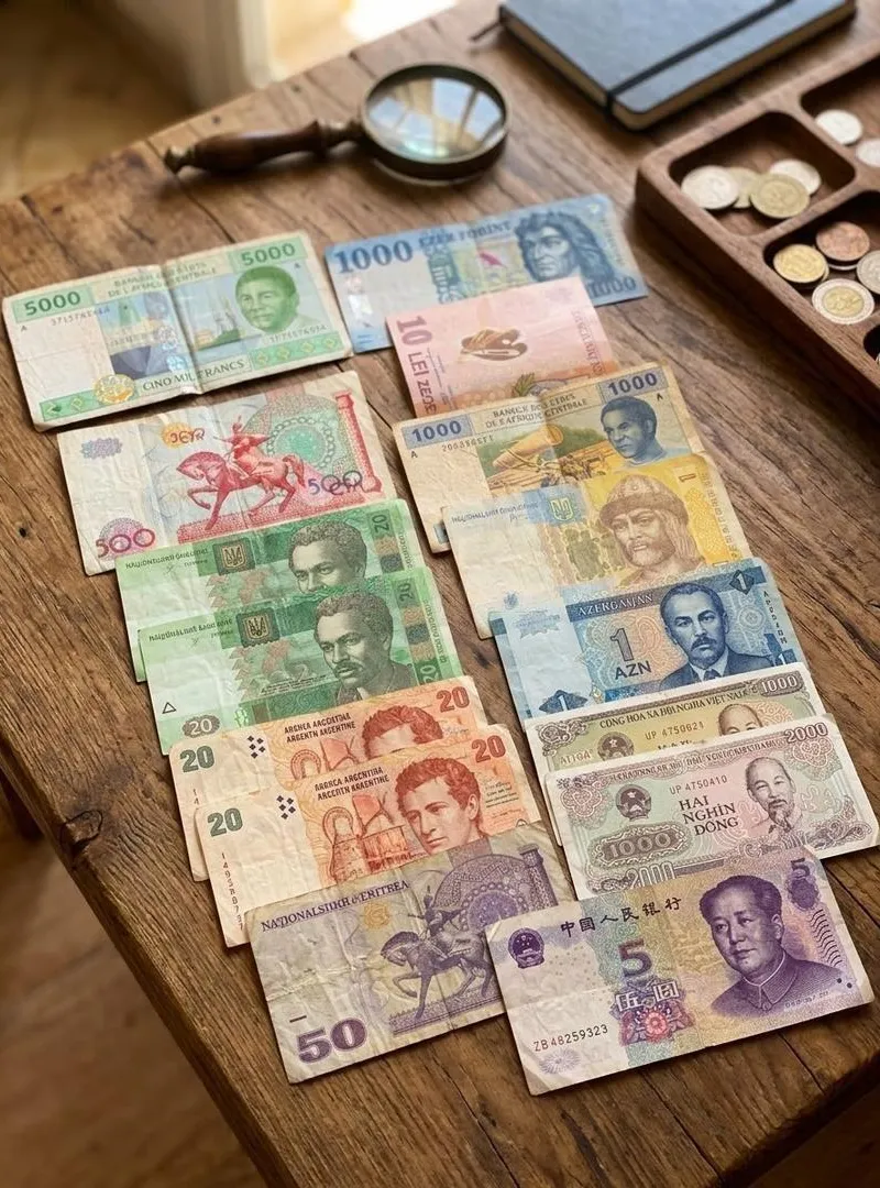 Collection rare de 15 billets de banque internationaux authentiques pour collectionneurs.