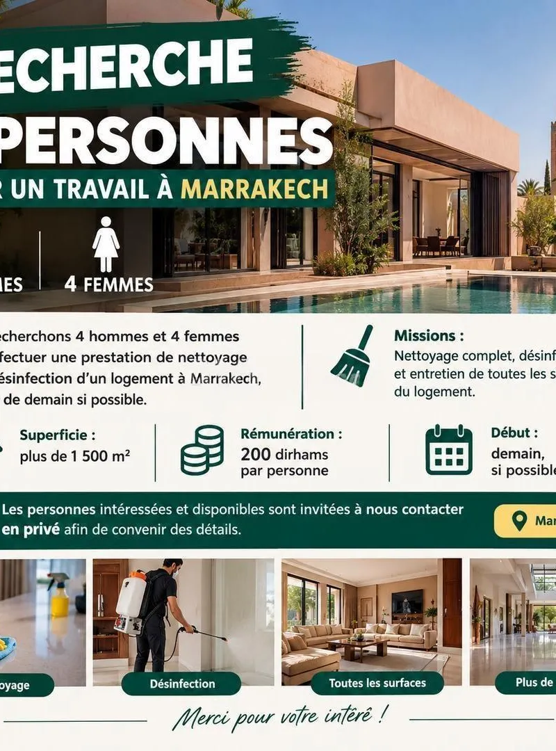 Recherche 8 personnes pour un travail à Marrakech
