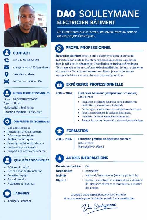 Candidature au poste d’électricien bâtiment